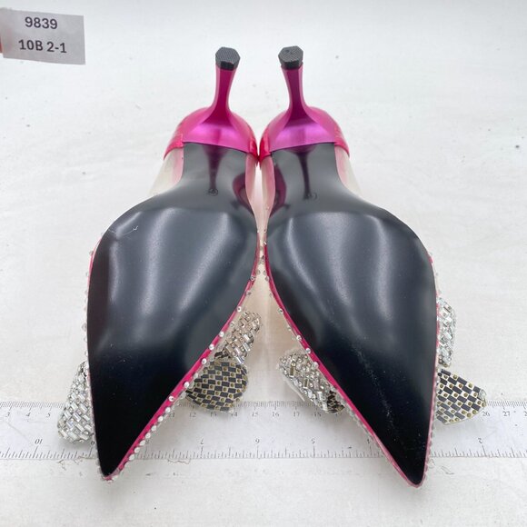 XYD Women Bow Rhinestones Slingback Pumps Pointed Toe  XYD Hot Pink Clear Pointed Toe Rhinestones Bows PVC Kitten Heel Crystal Pumps